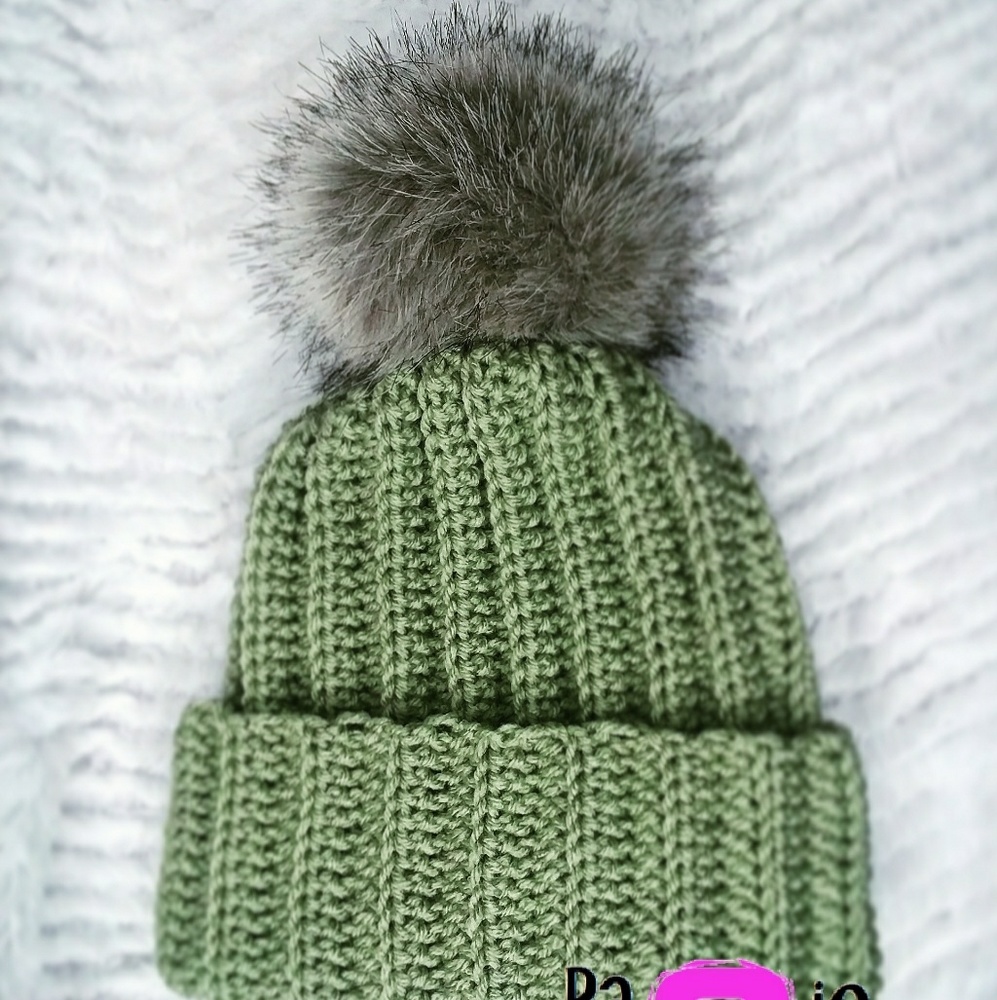 Green Beanie with Faux Fur Pom Pom